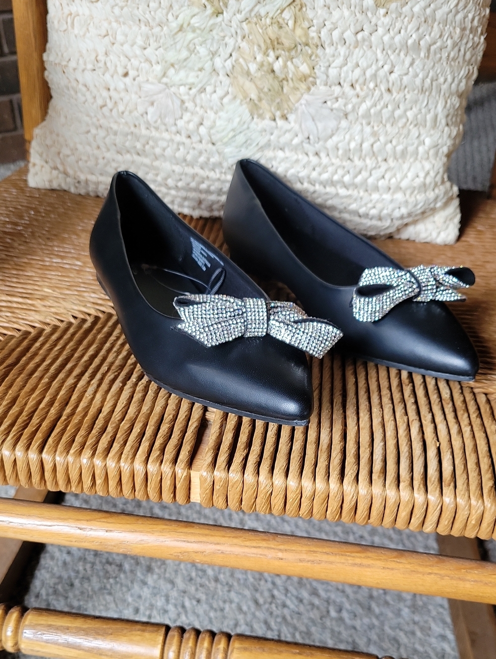 Ophelia Roe Olivia, black loafers with rhinestone bow, size 7.5